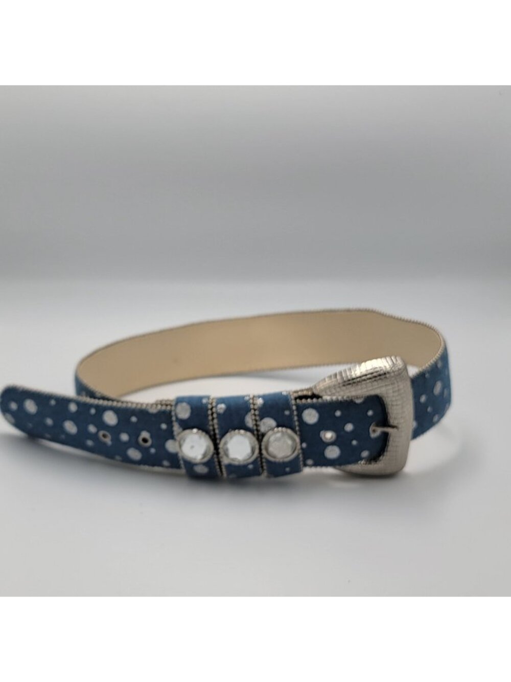 Denim Western Rhinestone Belt With Silver Polka Dots & Decorative Buckle - Mediu